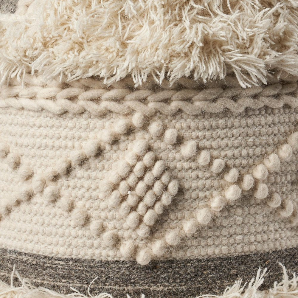 18" Cream Wool Cotton Blend Geometric Round Pouf Ottoman HomeRoots