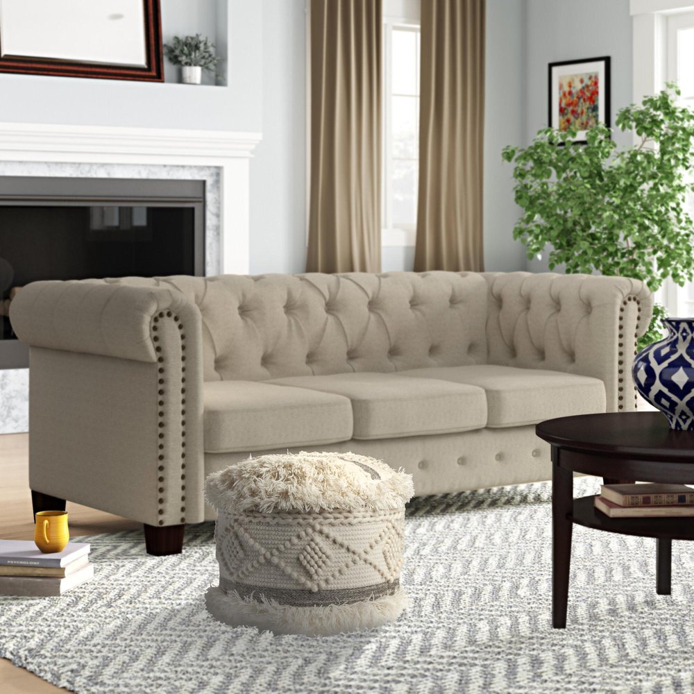 18" Cream Wool Cotton Blend Geometric Round Pouf Ottoman HomeRoots