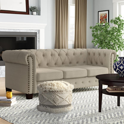 18" Cream Wool Cotton Blend Geometric Round Pouf Ottoman HomeRoots