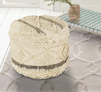18" Cream Wool Cotton Blend Geometric Round Pouf Ottoman HomeRoots