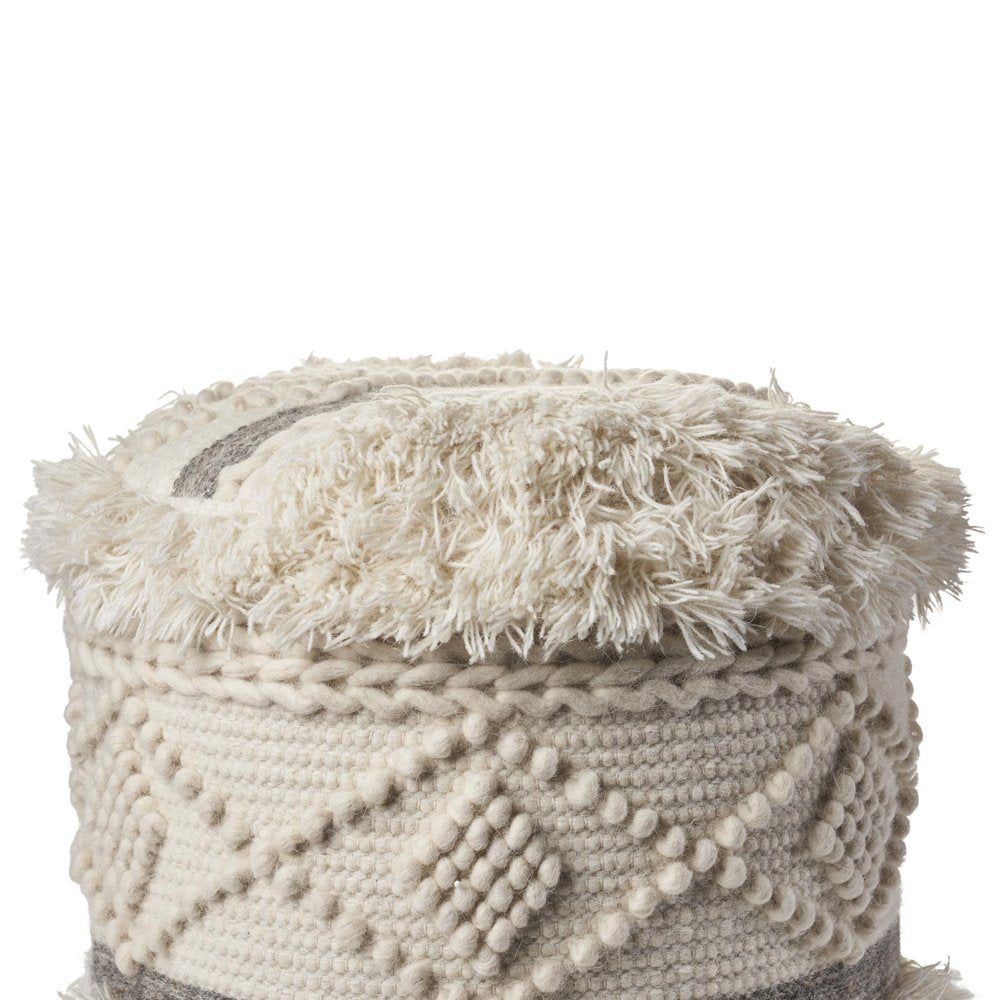18" Cream Wool Cotton Blend Geometric Round Pouf Ottoman HomeRoots