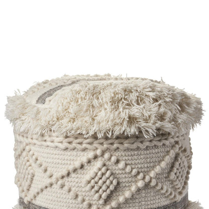 18" Cream Wool Cotton Blend Geometric Round Pouf Ottoman HomeRoots