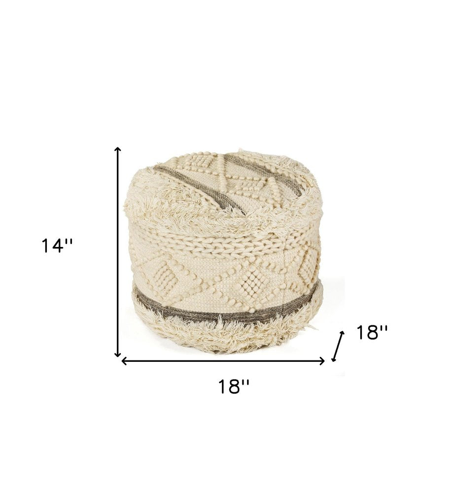 18" Cream Wool Cotton Blend Geometric Round Pouf Ottoman HomeRoots