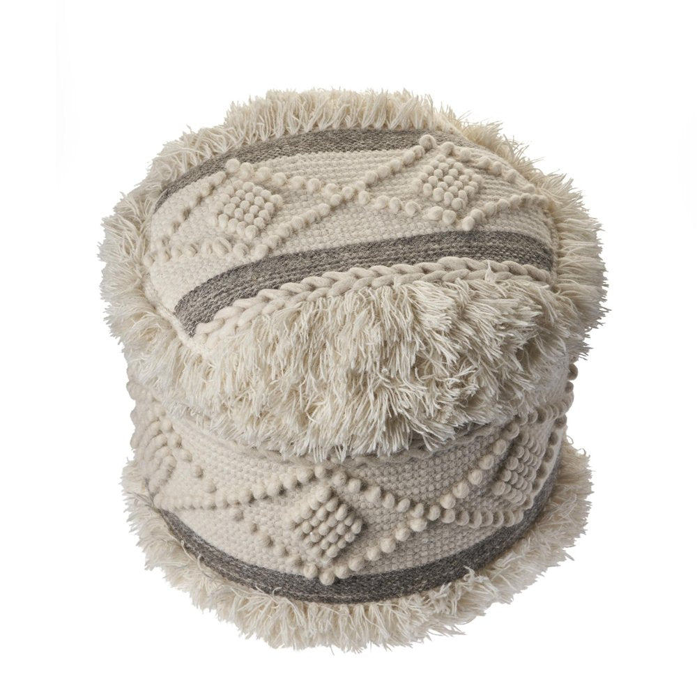 18" Cream Wool Cotton Blend Geometric Round Pouf Ottoman HomeRoots