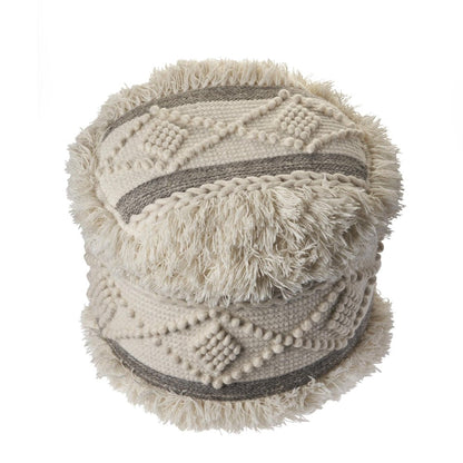 18" Cream Wool Cotton Blend Geometric Round Pouf Ottoman HomeRoots