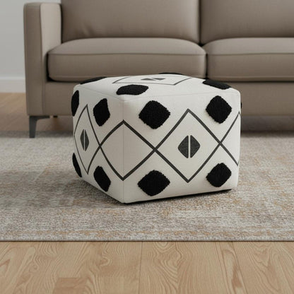 18" White Cotton Geometric Pouf Ottoman HomeRoots