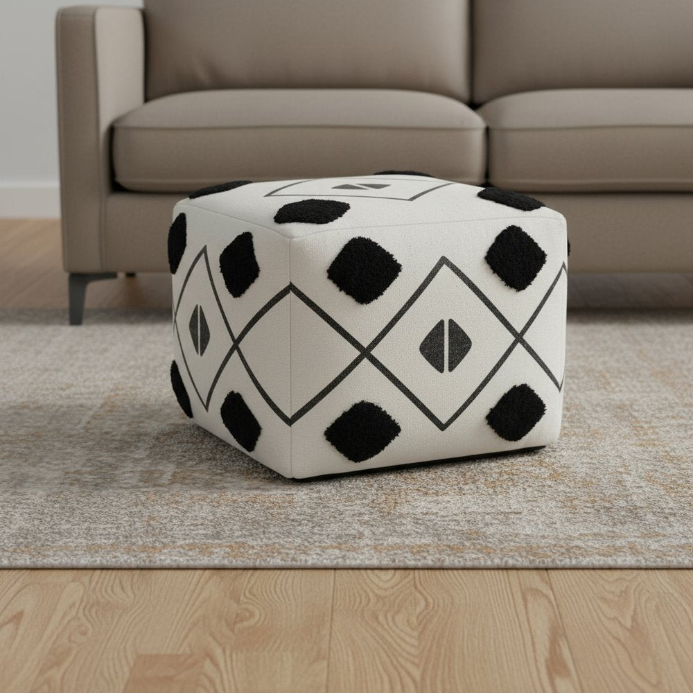 18" White Cotton Geometric Pouf Ottoman HomeRoots