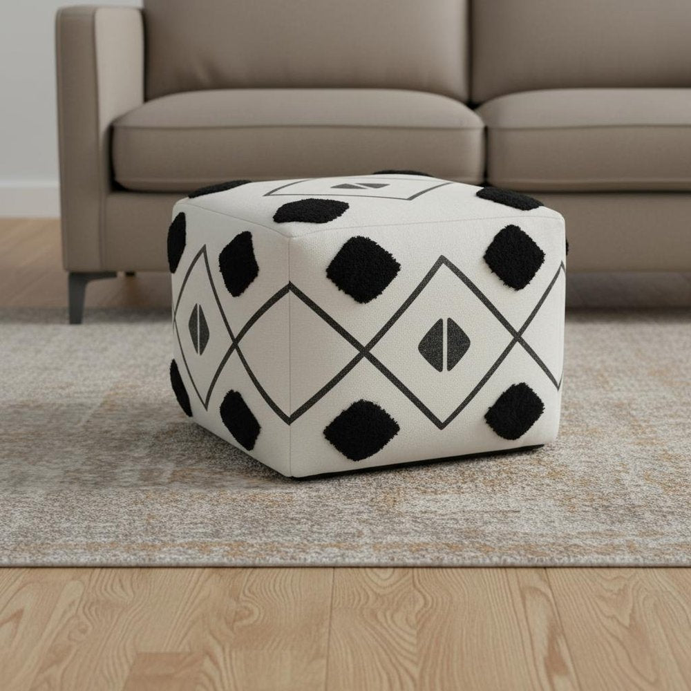 18" White Cotton Geometric Pouf Ottoman HomeRoots
