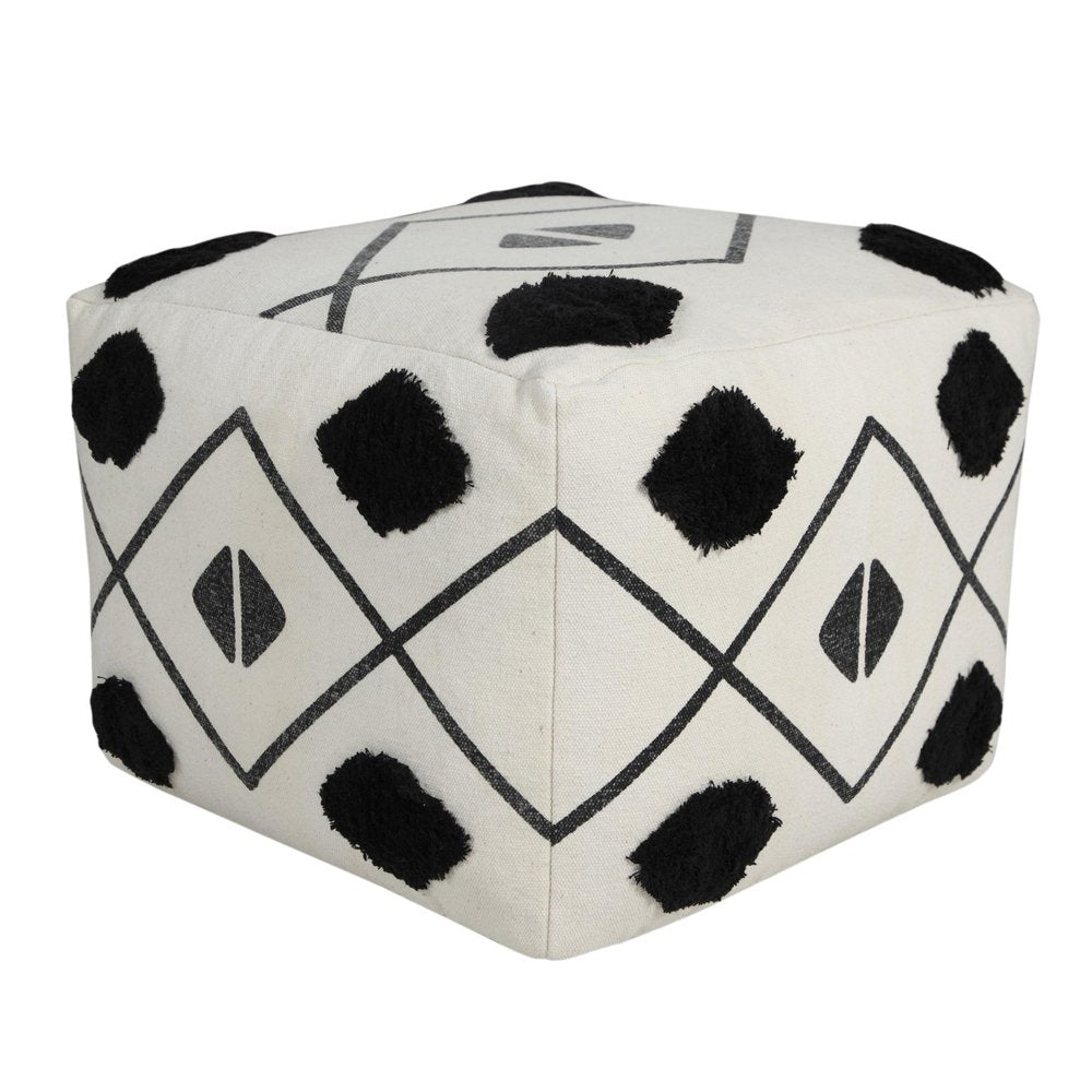 18" White Cotton Geometric Pouf Ottoman HomeRoots