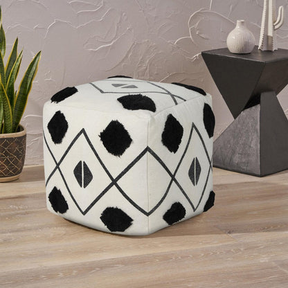 18" White Cotton Geometric Pouf Ottoman HomeRoots