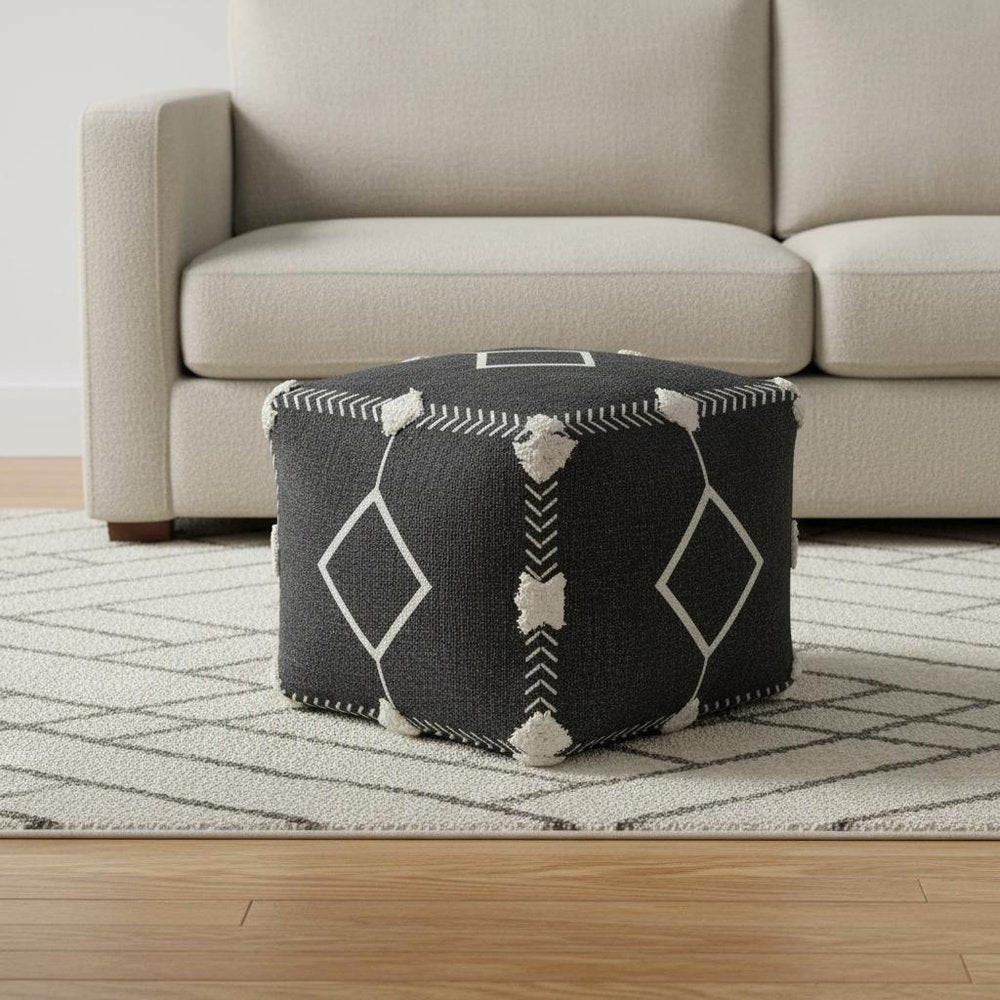18" Black Cotton Geometric Pouf Ottoman HomeRoots