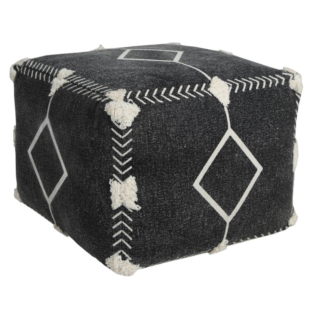 18" Black Cotton Geometric Pouf Ottoman HomeRoots
