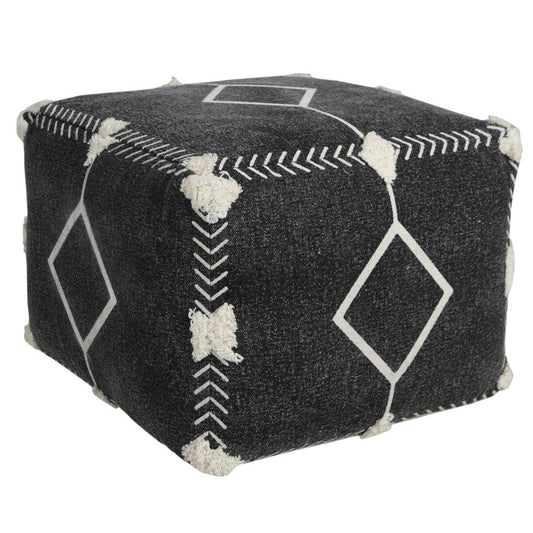18" Black Cotton Geometric Pouf Ottoman HomeRoots