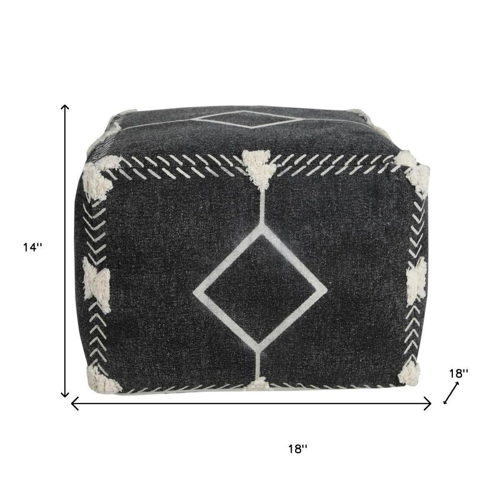 18" Black Cotton Geometric Pouf Ottoman HomeRoots