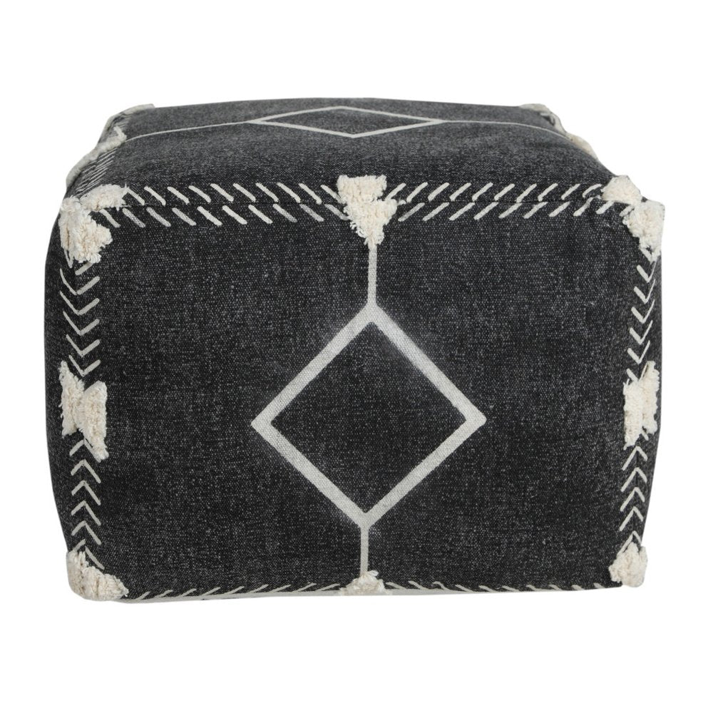 18" Black Cotton Geometric Pouf Ottoman HomeRoots