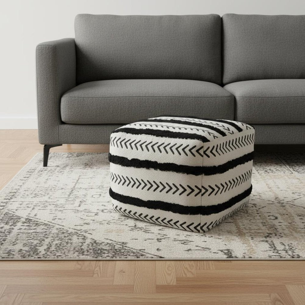 18" White Cotton Striped Pouf Ottoman HomeRoots