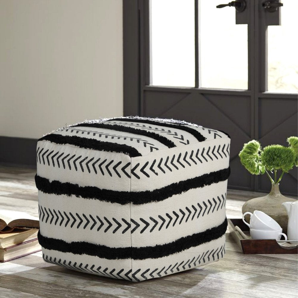 18" White Cotton Striped Pouf Ottoman HomeRoots