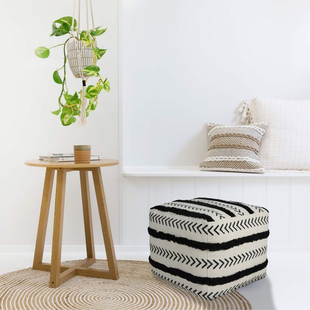 18" White Cotton Striped Pouf Ottoman HomeRoots