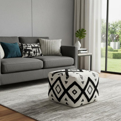 18" White Cotton Geometric Pouf Ottoman HomeRoots