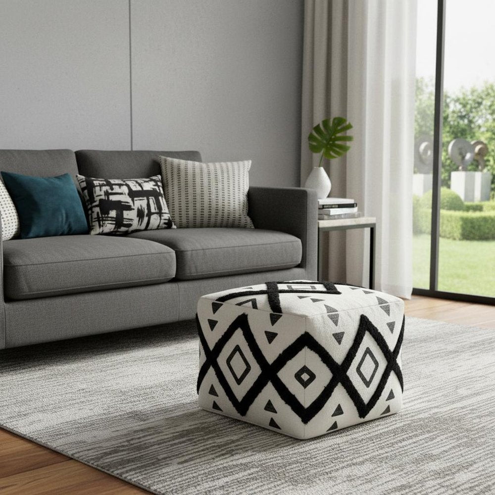 18" White Cotton Geometric Pouf Ottoman HomeRoots