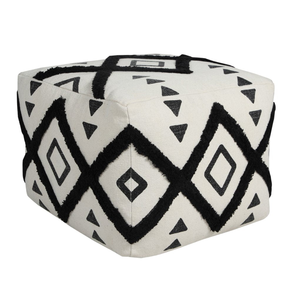 18" White Cotton Geometric Pouf Ottoman HomeRoots