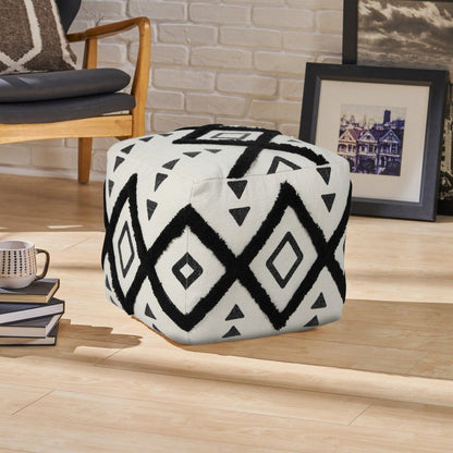 18" White Cotton Geometric Pouf Ottoman HomeRoots