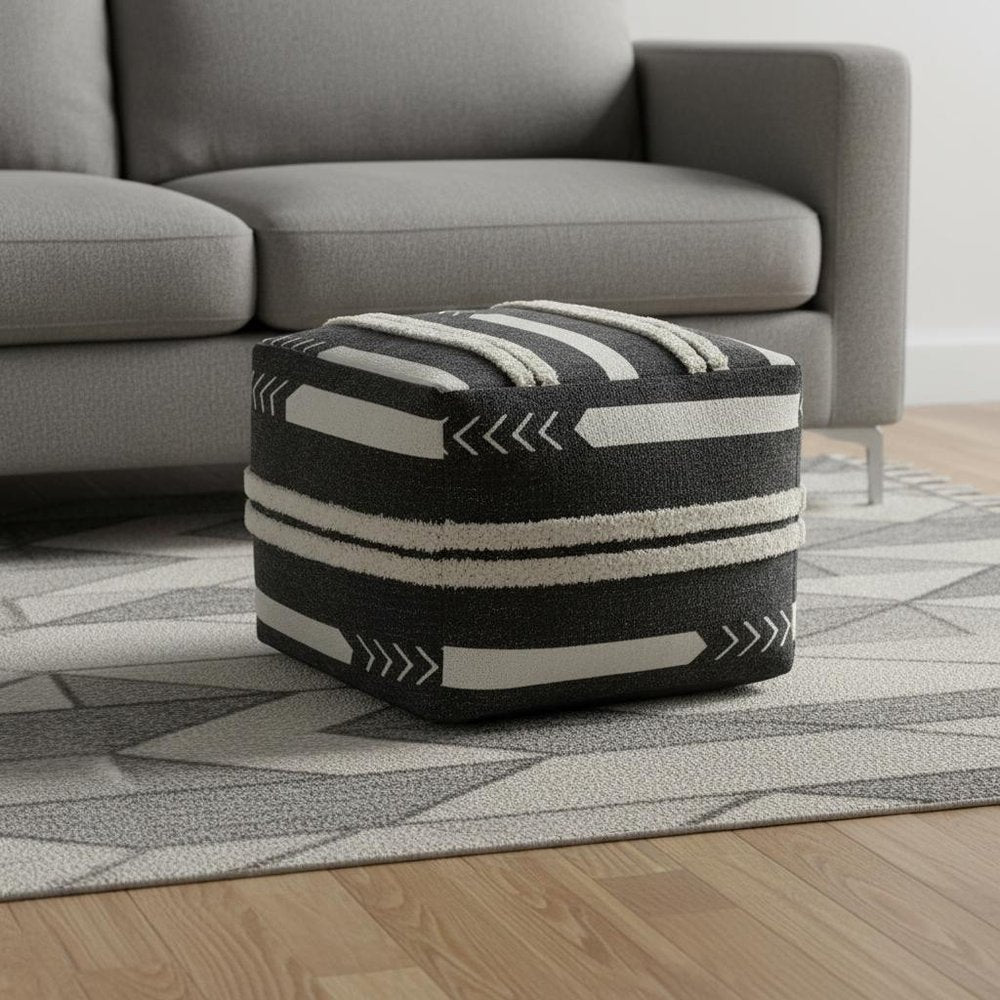 18" Black Cotton Geometric Pouf Ottoman HomeRoots