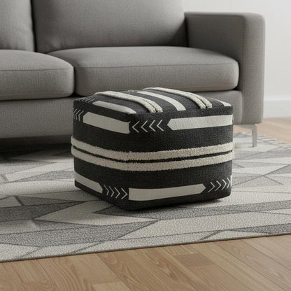 18" Black Cotton Geometric Pouf Ottoman HomeRoots
