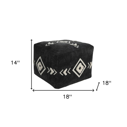 18" Black Cotton Geometric Pouf Ottoman HomeRoots