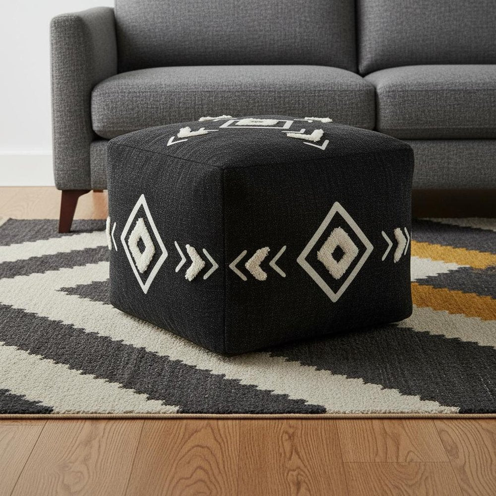 18" Black Cotton Geometric Pouf Ottoman HomeRoots