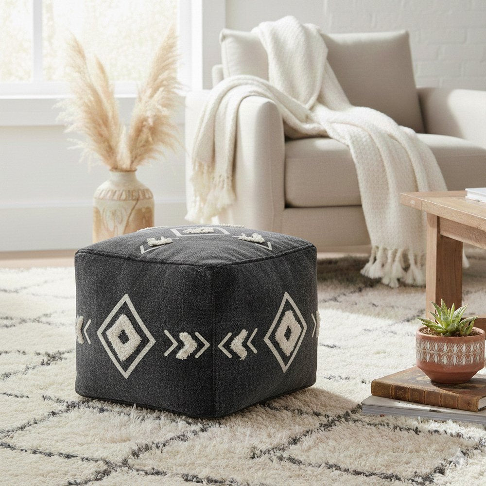 18" Black Cotton Geometric Pouf Ottoman HomeRoots