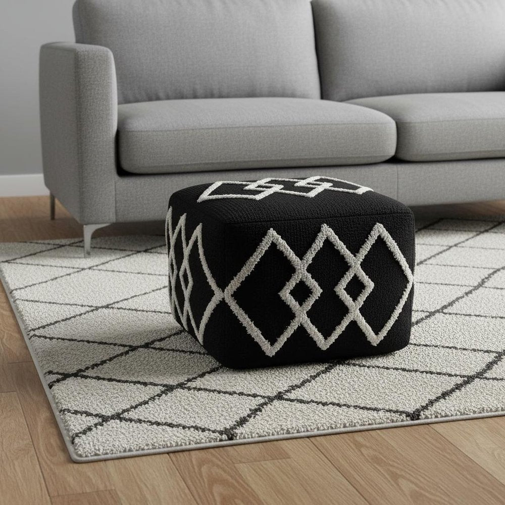 18" Black Cotton Geometric Pouf Ottoman HomeRoots