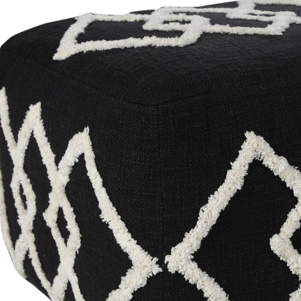 18" Black Cotton Geometric Pouf Ottoman HomeRoots