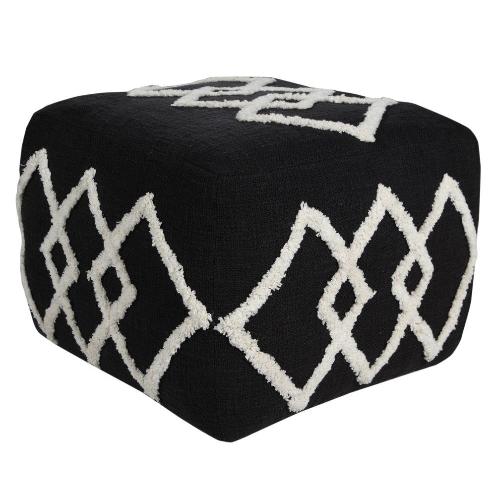 18" Black Cotton Geometric Pouf Ottoman HomeRoots