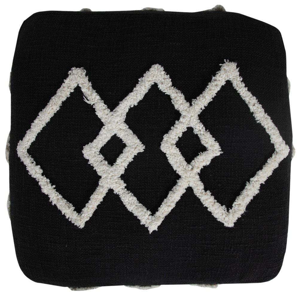 18" Black Cotton Geometric Pouf Ottoman HomeRoots
