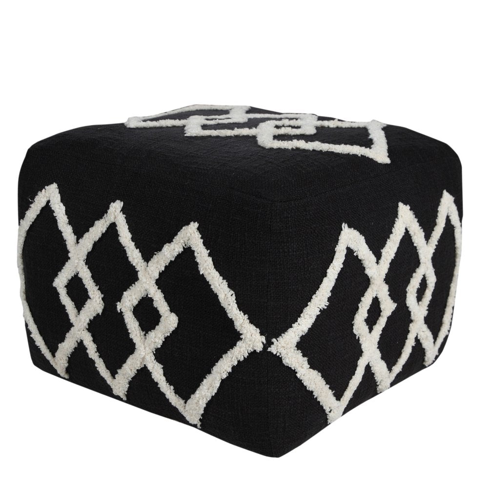 18" Black Cotton Geometric Pouf Ottoman HomeRoots