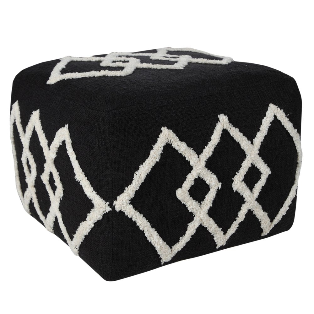18" Black Cotton Geometric Pouf Ottoman HomeRoots