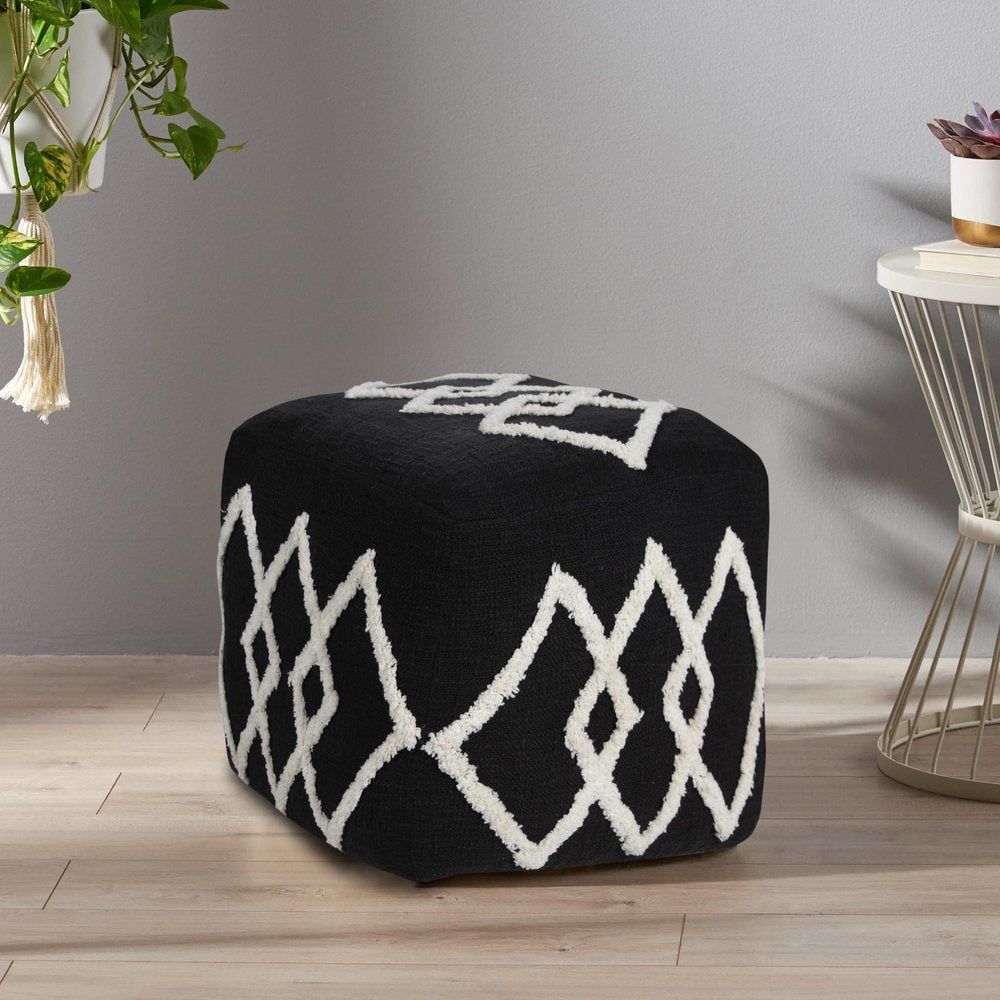 18" Black Cotton Geometric Pouf Ottoman HomeRoots
