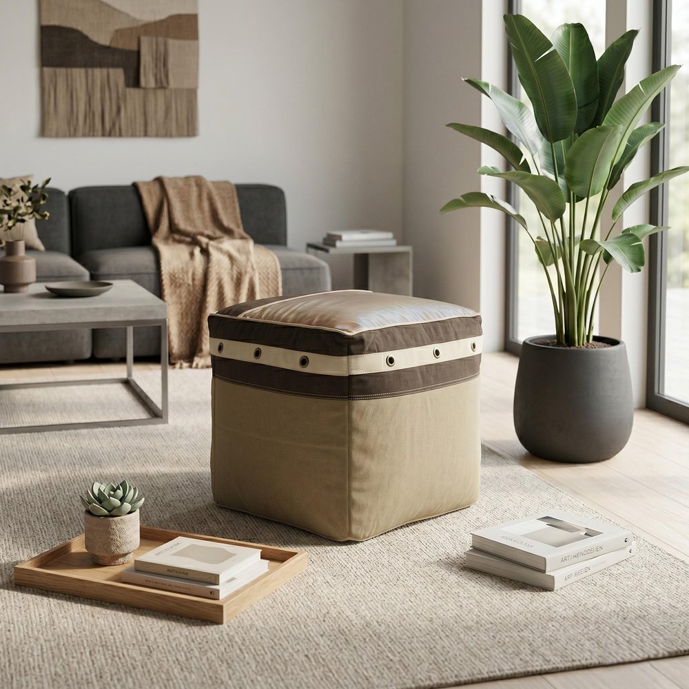 20" Brown Cotton Striped Pouf Ottoman HomeRoots
