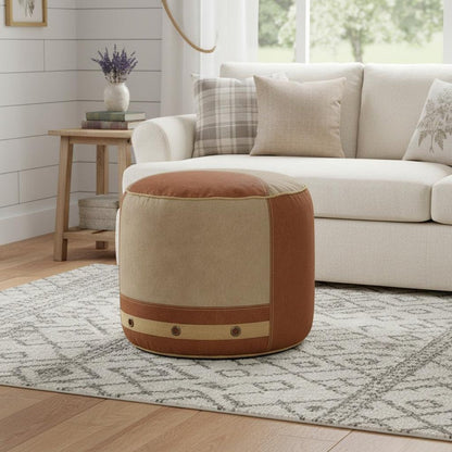 16" Tan Cotton Striped Cylinder Pouf Ottoman HomeRoots