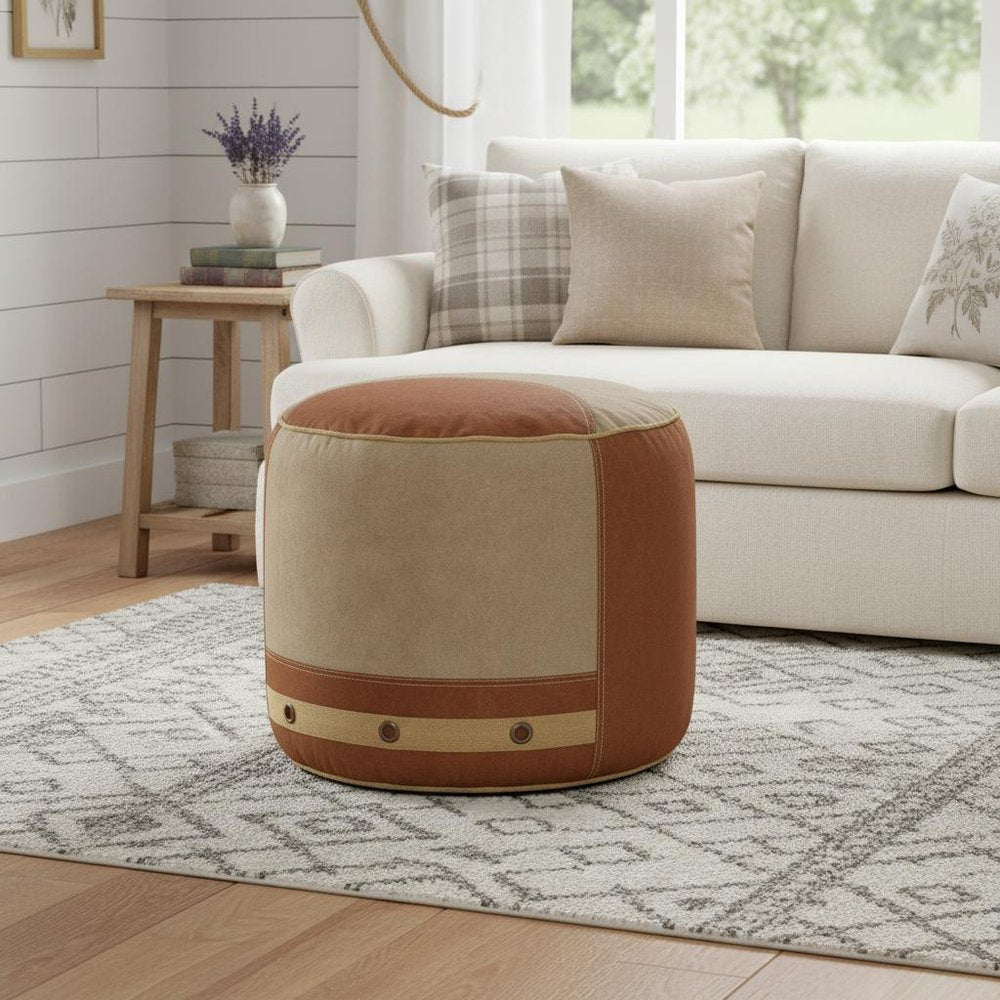 16" Tan Cotton Striped Cylinder Pouf Ottoman HomeRoots