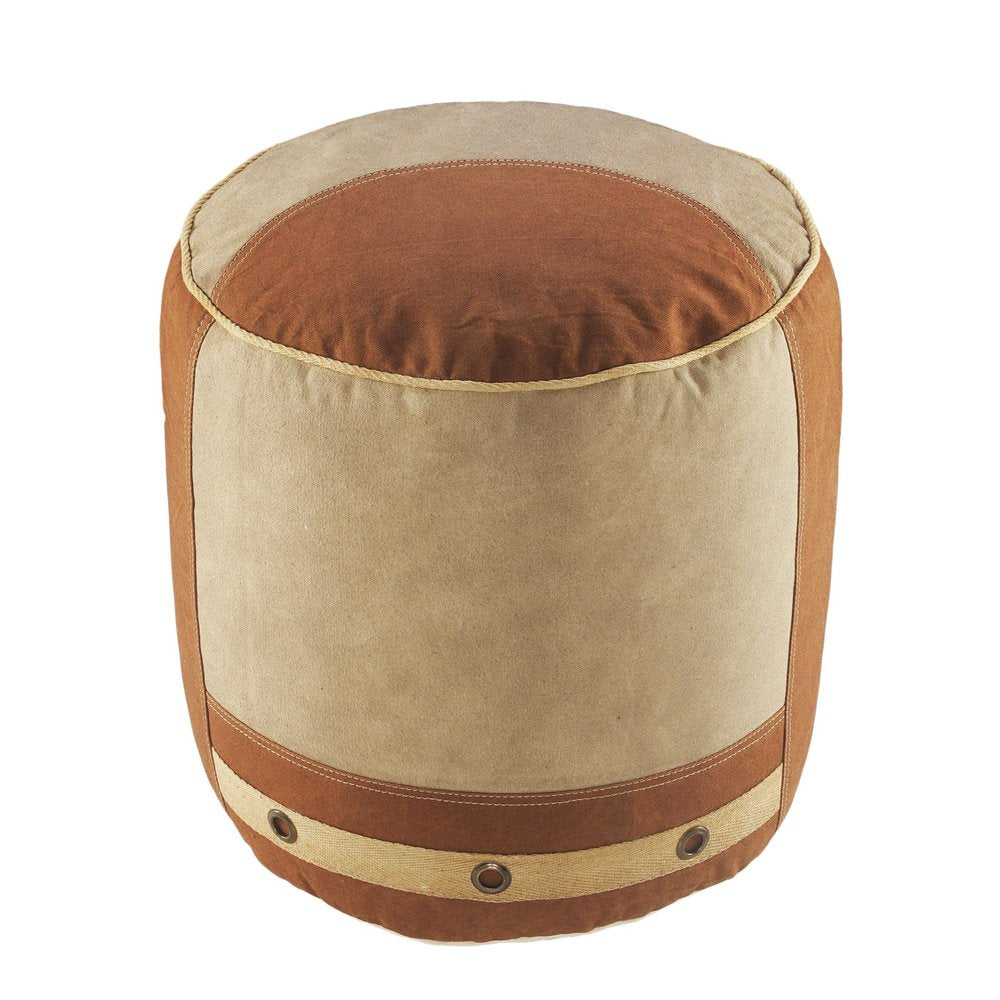 16" Tan Cotton Striped Cylinder Pouf Ottoman HomeRoots