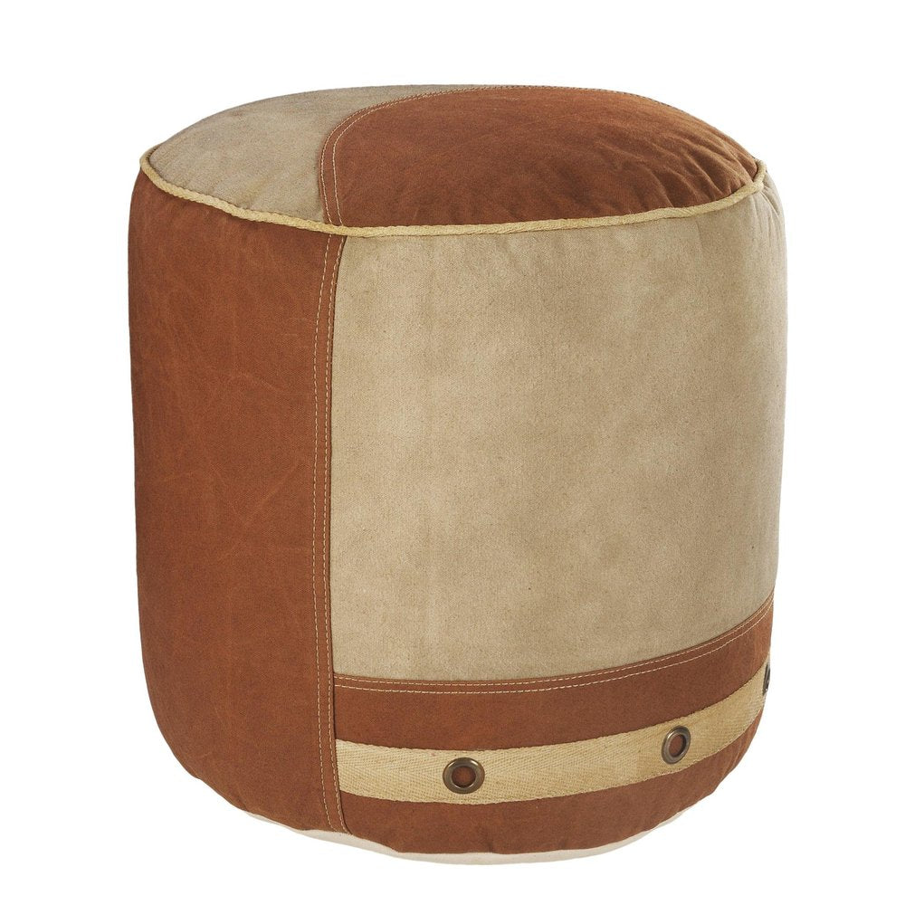 16" Tan Cotton Striped Cylinder Pouf Ottoman HomeRoots