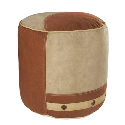 16" Tan Cotton Striped Cylinder Pouf Ottoman HomeRoots