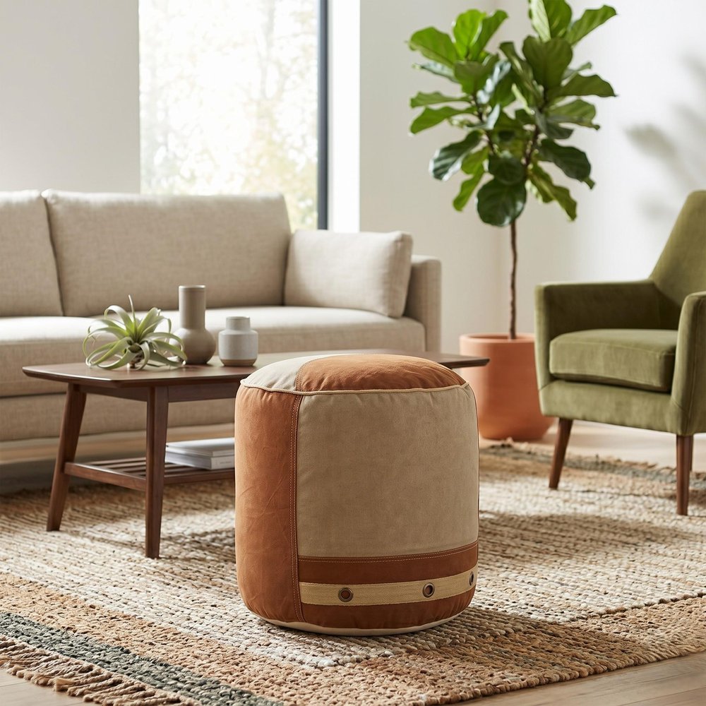 16" Tan Cotton Striped Cylinder Pouf Ottoman HomeRoots