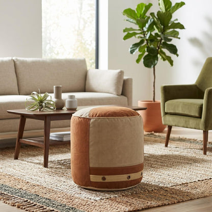 16" Tan Cotton Striped Cylinder Pouf Ottoman HomeRoots