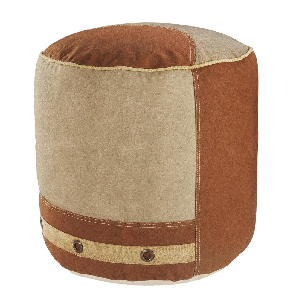 16" Tan Cotton Striped Cylinder Pouf Ottoman HomeRoots