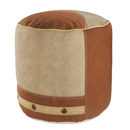 16" Tan Cotton Striped Cylinder Pouf Ottoman HomeRoots