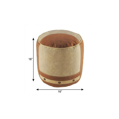 16" Tan Cotton Striped Cylinder Pouf Ottoman HomeRoots