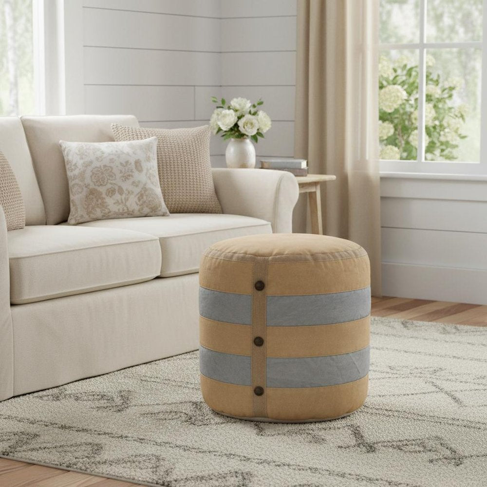 16" Tan Cotton Striped Cylinder Pouf Ottoman HomeRoots